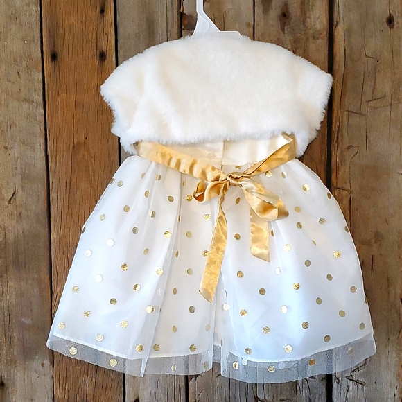 12mo Fluffy Gold Polka Dot Dress with Removable Furry Shawl - Picture 2 of 13